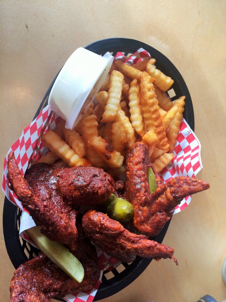 Wings, pickle, chips with blue cheese sauce